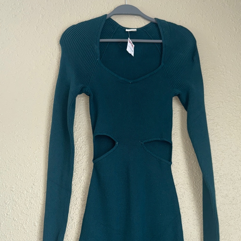 Abercrombie & Fitch Teal Ribbed Long Sleeve Dress with Waist Cutouts small tall